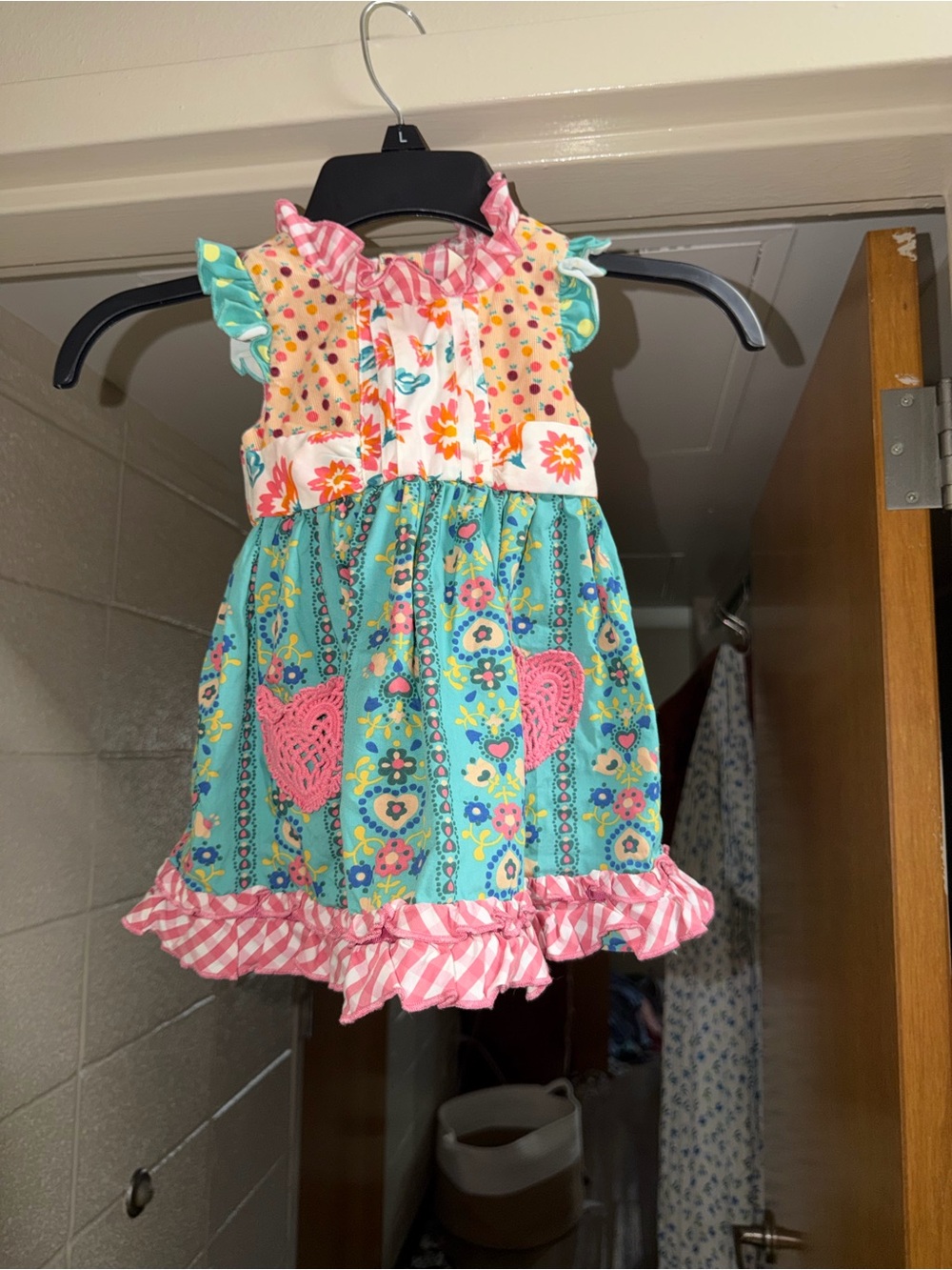 Matilda Jane Turquoise Floral Heart Patchwork Dress with Pink Ruffles